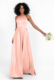 Simple Satin Halter Bridesmaid Dress Sleeveless Ruched Formal Evening Dresses Gowns