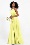 Simple Satin Halter Bridesmaid Dress Sleeveless Ruched Formal Evening Dresses Gowns