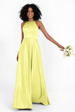 Simple Satin Halter Bridesmaid Dress Sleeveless Ruched Formal Evening Dresses Gowns