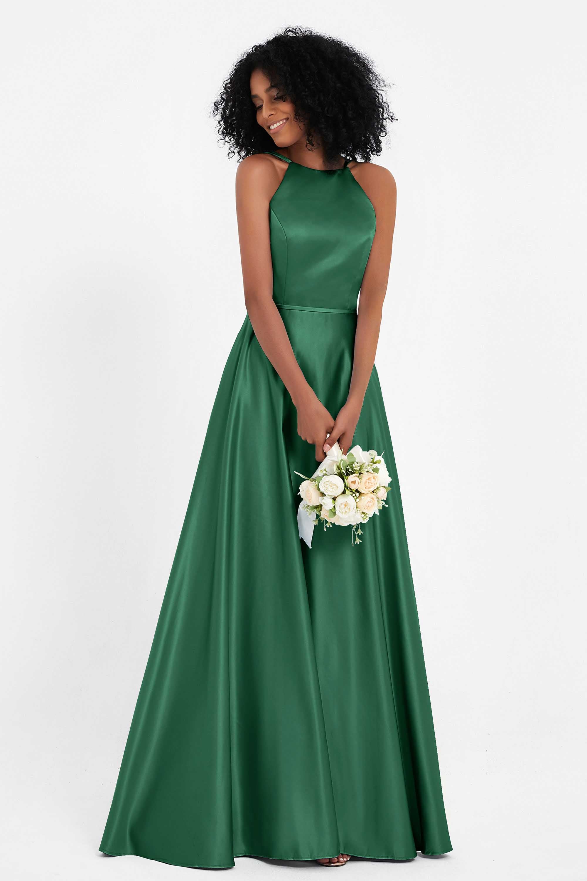 Simple Satin Halter Bridesmaid Dress Sleeveless Ruched Formal Evening Dresses Gowns