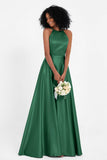 Simple Satin Halter Bridesmaid Dress Sleeveless Ruched Formal Evening Dresses Gowns