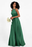 Simple Satin Halter Bridesmaid Dress Sleeveless Ruched Formal Evening Dresses Gowns