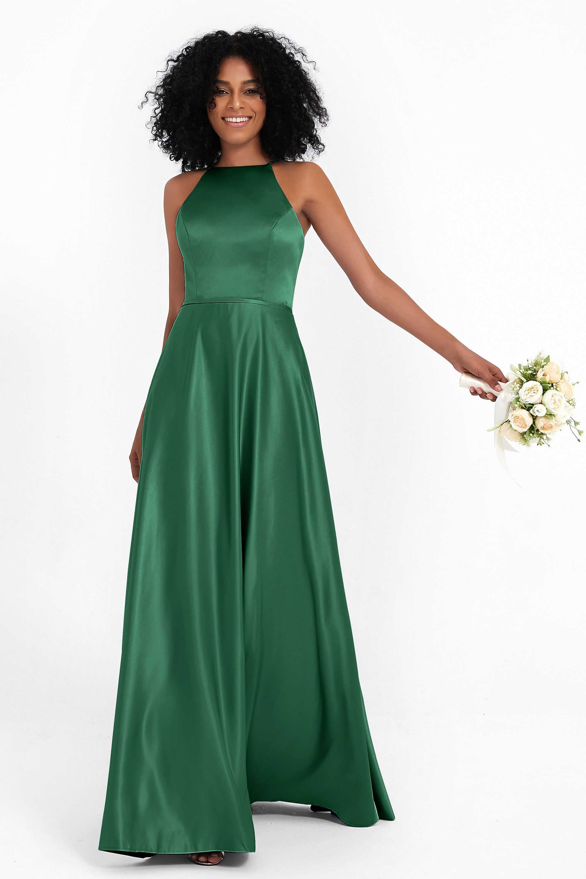 Simple Satin Halter Bridesmaid Dress Sleeveless Ruched Formal Evening Dresses Gowns