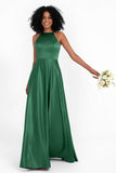 Simple Satin Halter Bridesmaid Dress Sleeveless Ruched Formal Evening Dresses Gowns