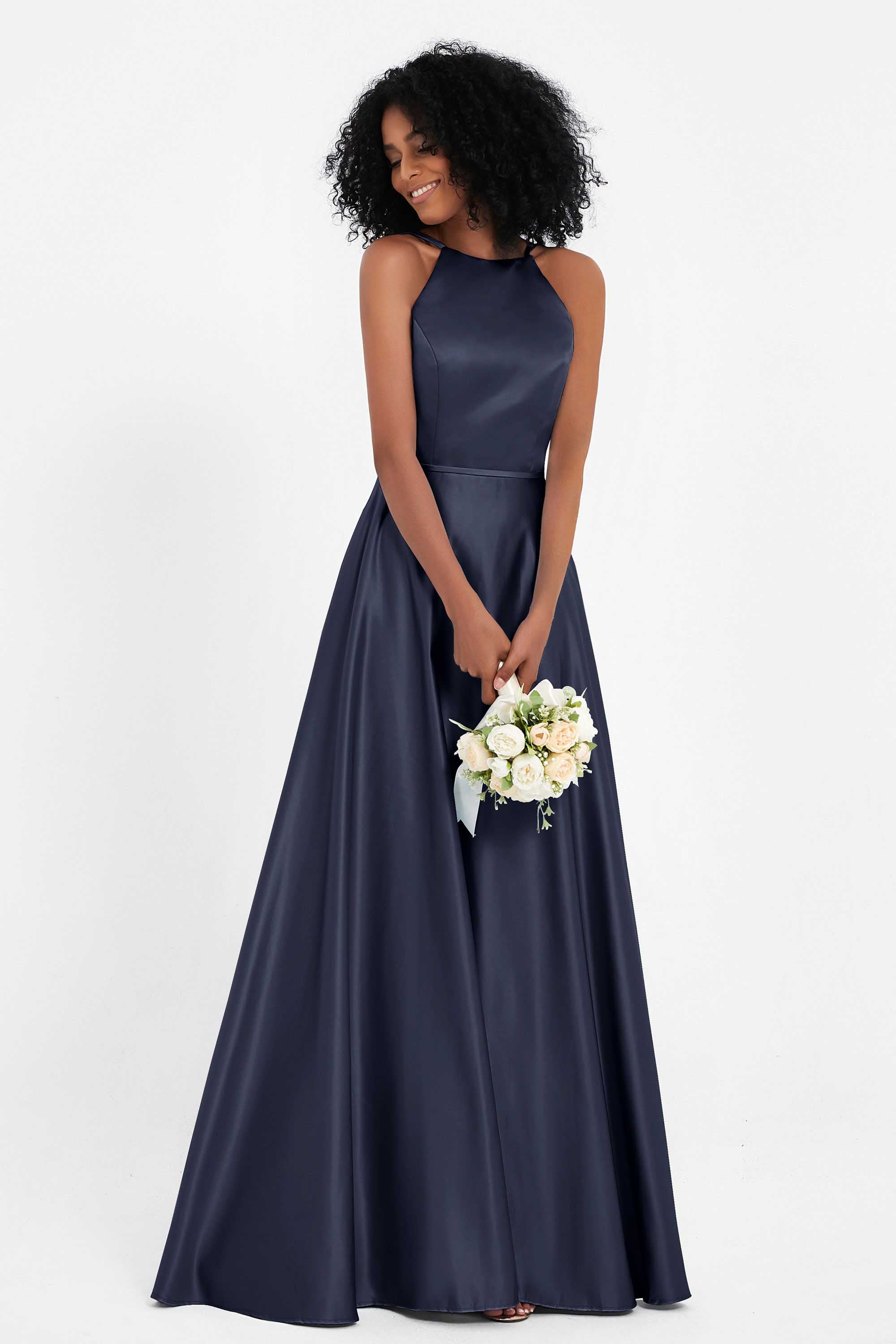 Simple Satin Halter Bridesmaid Dress Sleeveless Ruched Formal Evening Dresses Gowns