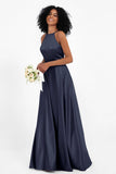 Simple Satin Halter Bridesmaid Dress Sleeveless Ruched Formal Evening Dresses Gowns