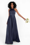 Simple Satin Halter Bridesmaid Dress Sleeveless Ruched Formal Evening Dresses Gowns