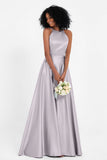 Simple Satin Halter Bridesmaid Dress Sleeveless Ruched Formal Evening Dresses Gowns