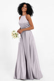 Simple Satin Halter Bridesmaid Dress Sleeveless Ruched Formal Evening Dresses Gowns