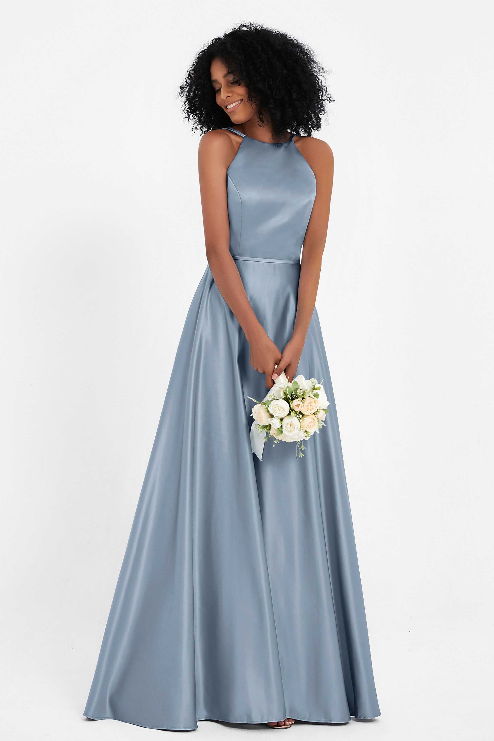 Simple Satin Halter Bridesmaid Dress Sleeveless Ruched Formal Evening Dresses Gowns