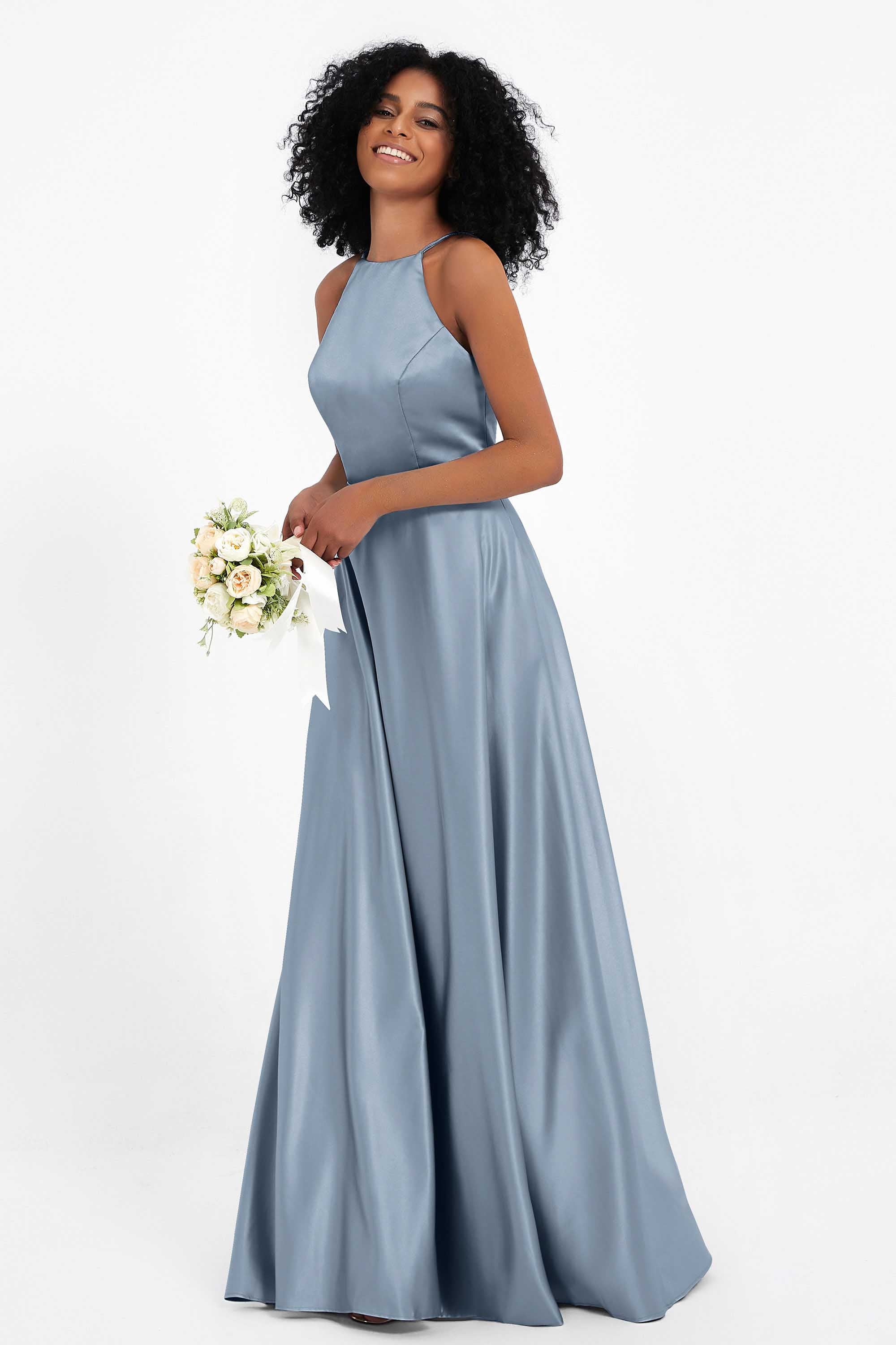 Simple Satin Halter Bridesmaid Dress Sleeveless Ruched Formal Evening Dresses Gowns