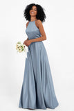 Simple Satin Halter Bridesmaid Dress Sleeveless Ruched Formal Evening Dresses Gowns
