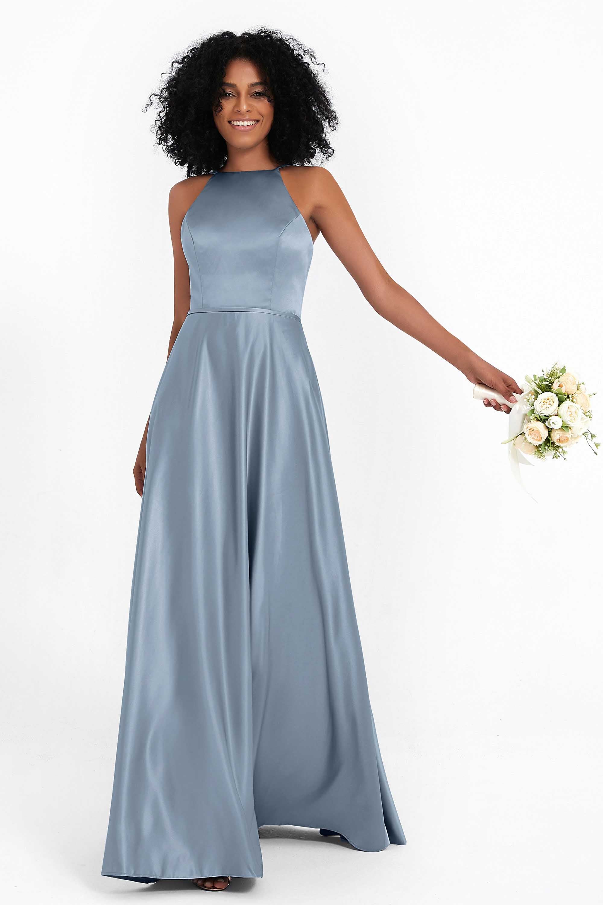 Simple Satin Halter Bridesmaid Dress Sleeveless Ruched Formal Evening Dresses Gowns