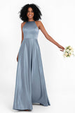 Simple Satin Halter Bridesmaid Dress Sleeveless Ruched Formal Evening Dresses Gowns