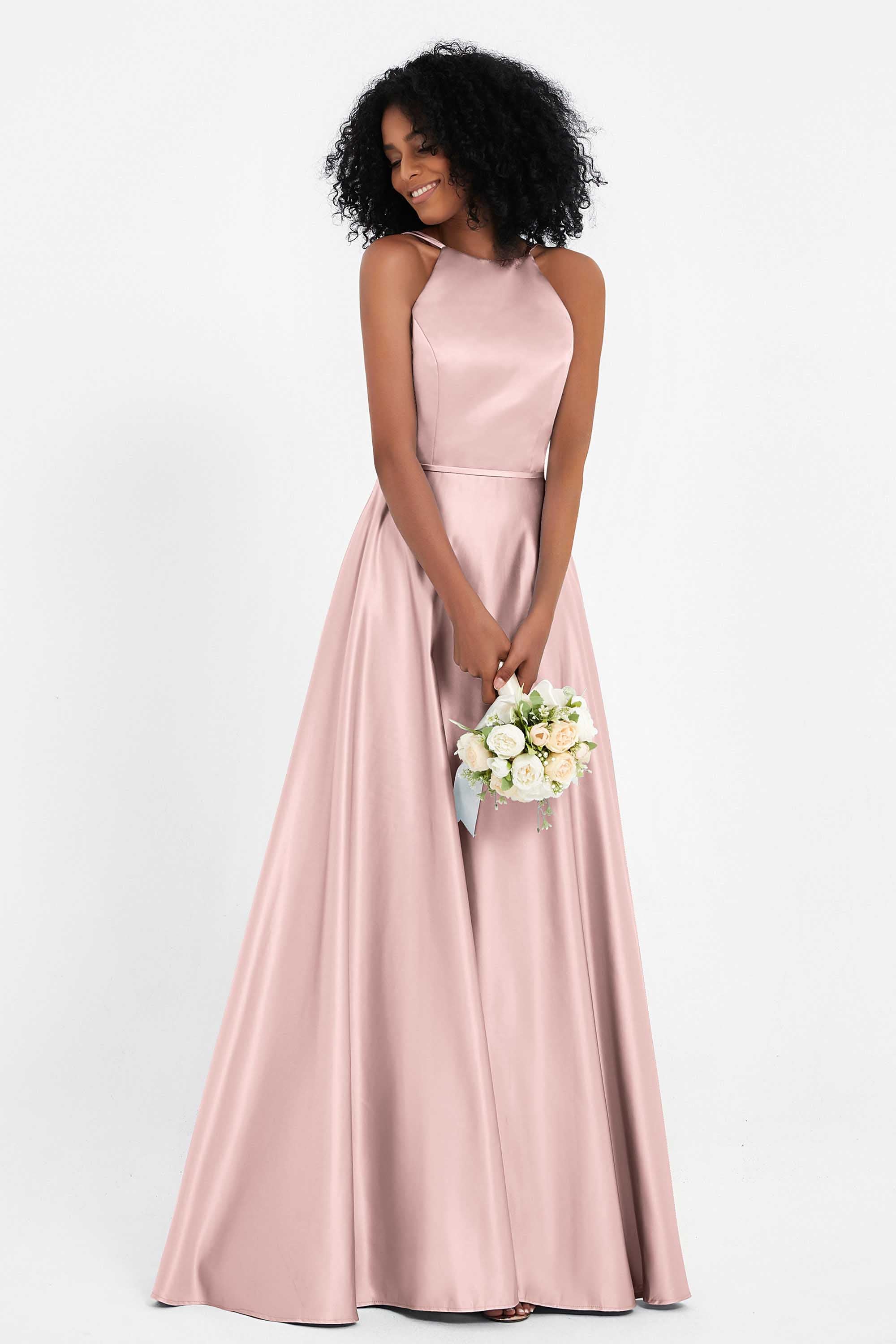 Simple Satin Halter Bridesmaid Dress Sleeveless Ruched Formal Evening Dresses Gowns