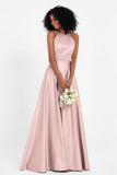 Simple Satin Halter Bridesmaid Dress Sleeveless Ruched Formal Evening Dresses Gowns