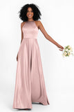 Simple Satin Halter Bridesmaid Dress Sleeveless Ruched Formal Evening Dresses Gowns