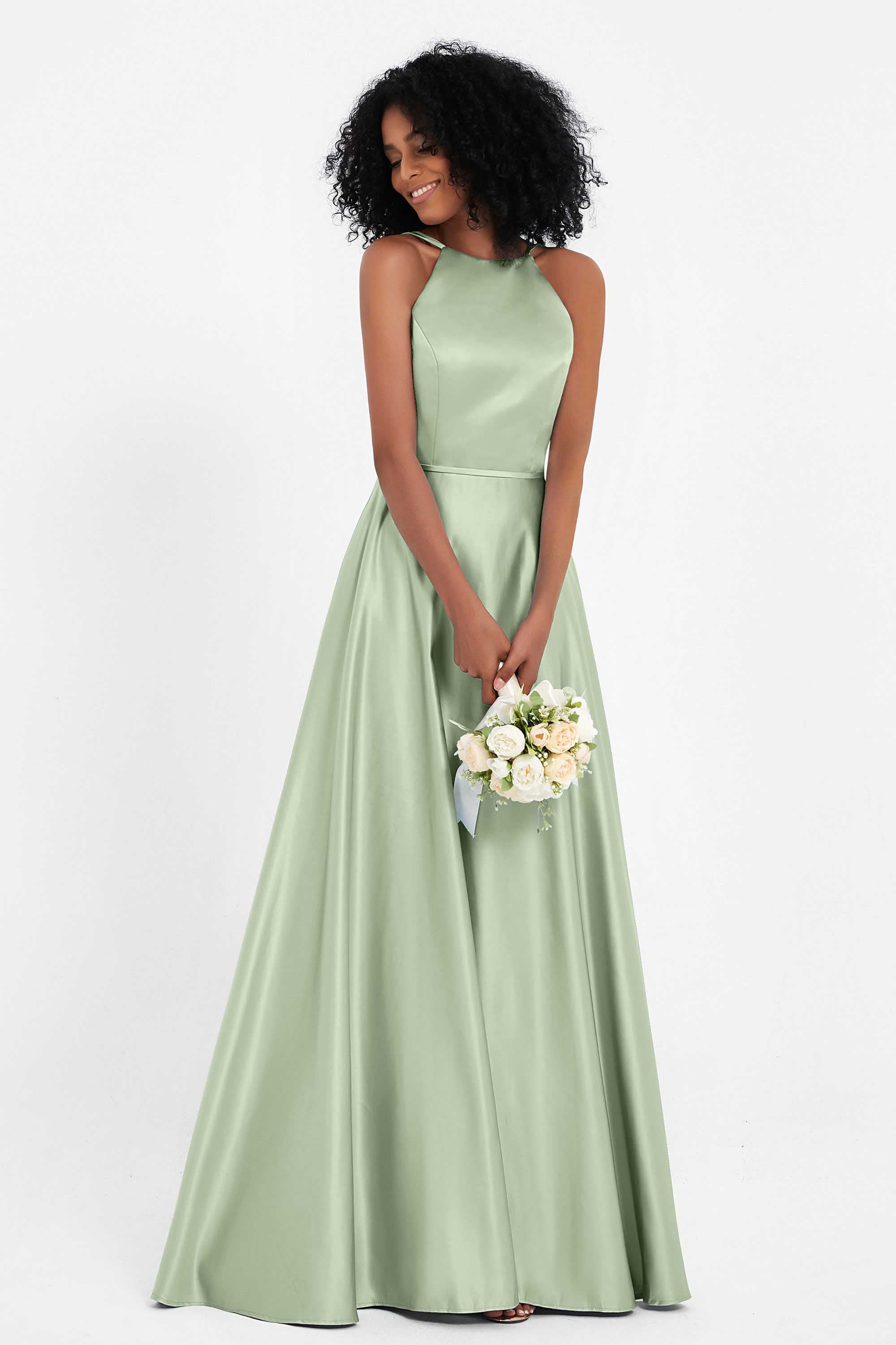 Simple Satin Halter Bridesmaid Dress Sleeveless Ruched Formal Evening Dresses Gowns