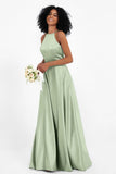 Simple Satin Halter Bridesmaid Dress Sleeveless Ruched Formal Evening Dresses Gowns