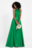 Simple Satin Halter Bridesmaid Dress Sleeveless Ruched Formal Evening Dresses Gowns