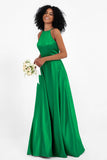 Simple Satin Halter Bridesmaid Dress Sleeveless Ruched Formal Evening Dresses Gowns