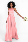 Simple Satin Halter Bridesmaid Dress Sleeveless Ruched Formal Evening Dresses Gowns