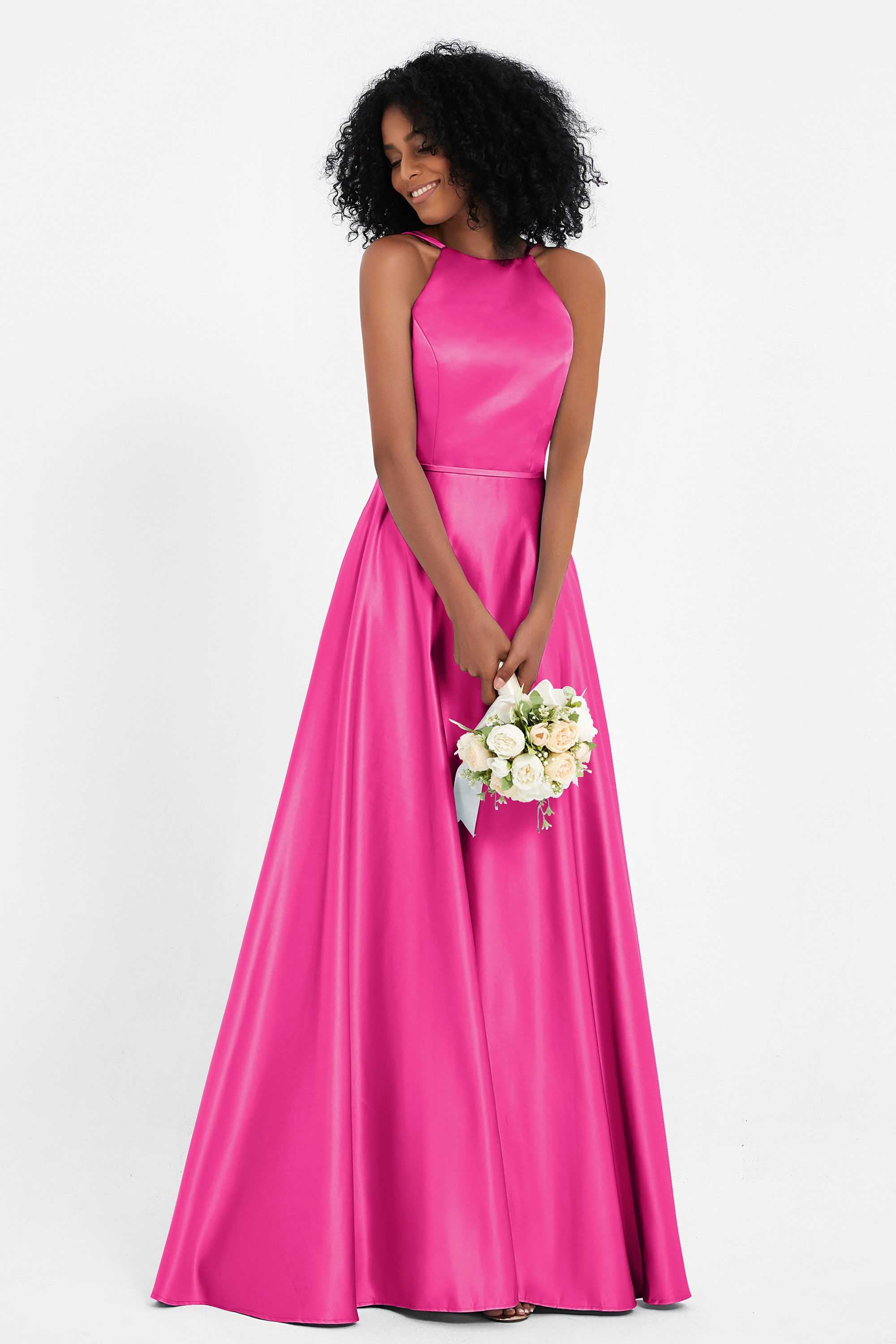 Simple Satin Halter Bridesmaid Dress Sleeveless Ruched Formal Evening Dresses Gowns