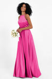 Simple Satin Halter Bridesmaid Dress Sleeveless Ruched Formal Evening Dresses Gowns