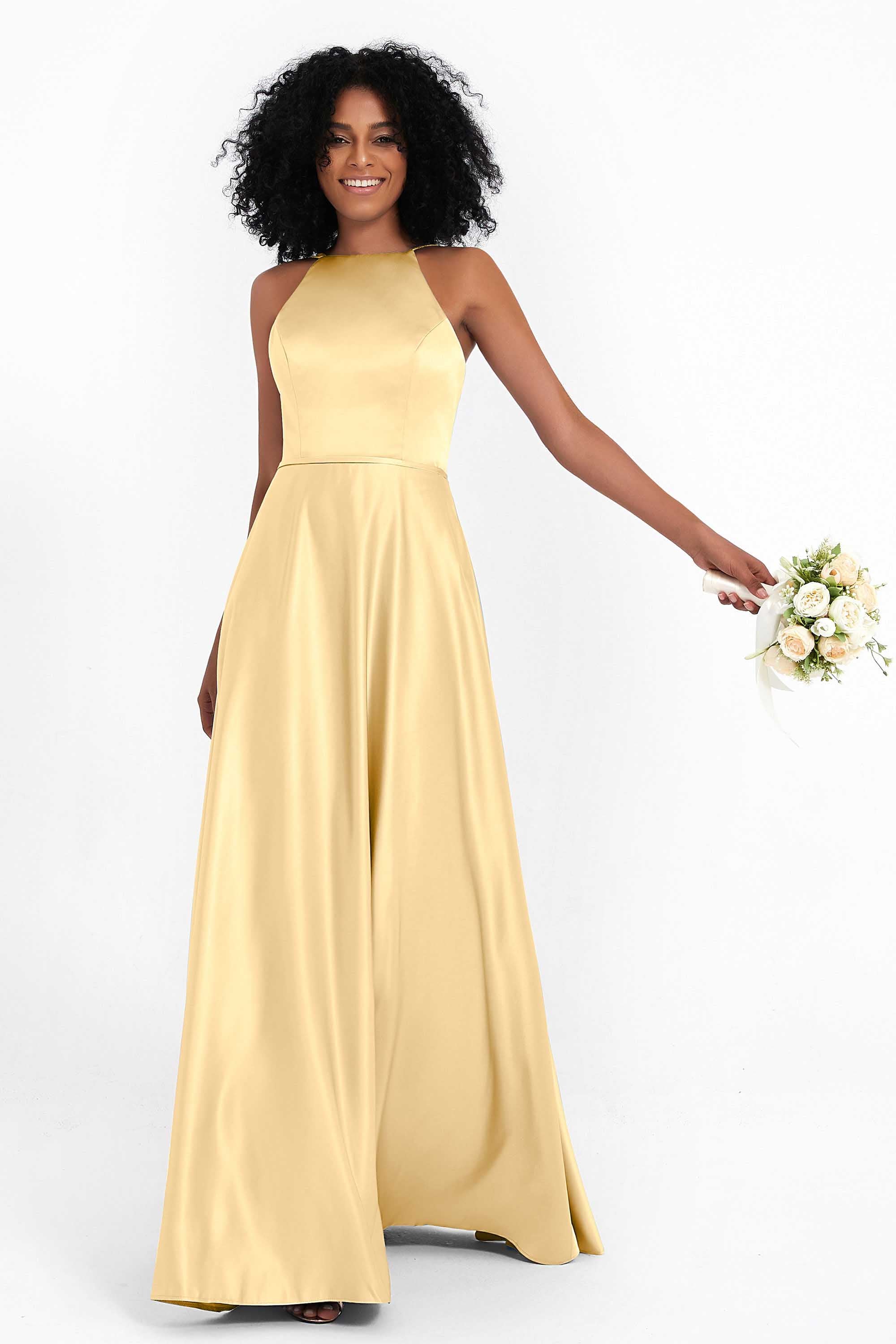 Simple Satin Halter Bridesmaid Dress Sleeveless Ruched Formal Evening Dresses Gowns