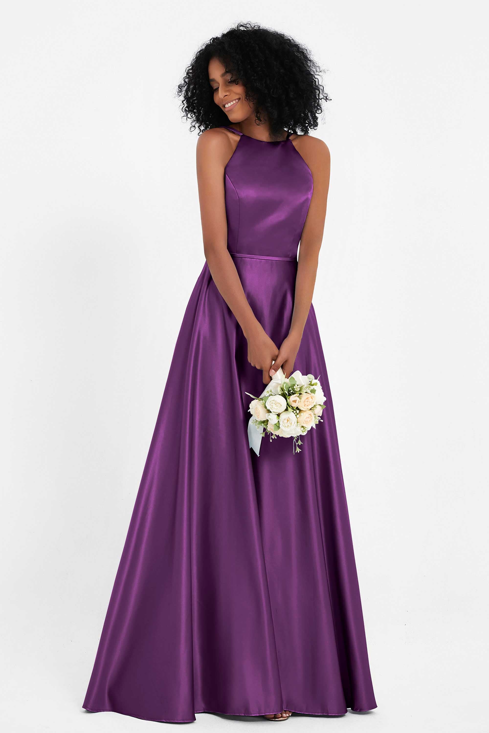 Simple Satin Halter Bridesmaid Dress Sleeveless Ruched Formal Evening Dresses Gowns