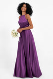 Simple Satin Halter Bridesmaid Dress Sleeveless Ruched Formal Evening Dresses Gowns