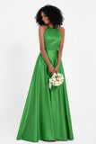 Simple Satin Halter Bridesmaid Dress Sleeveless Ruched Formal Evening Dresses Gowns