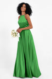 Simple Satin Halter Bridesmaid Dress Sleeveless Ruched Formal Evening Dresses Gowns
