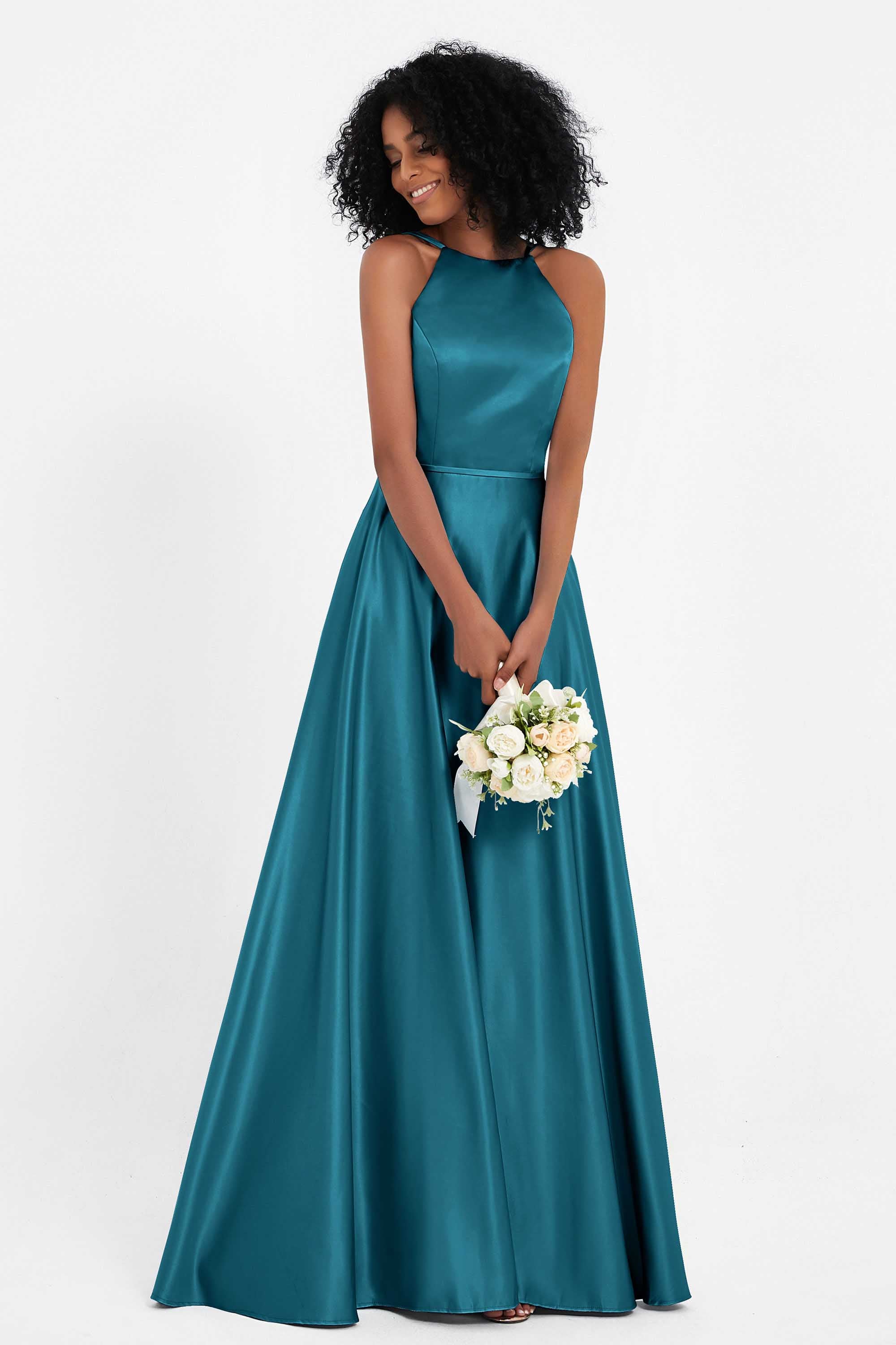 Simple Satin Halter Bridesmaid Dress Sleeveless Ruched Formal Evening Dresses Gowns