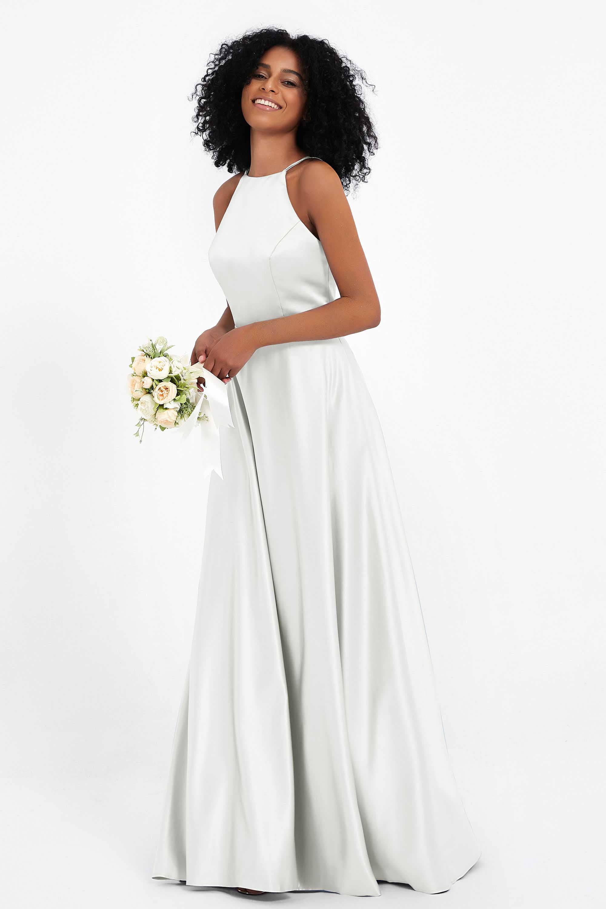 Simple Satin Halter Bridesmaid Dress Sleeveless Ruched Formal Evening Dresses Gowns