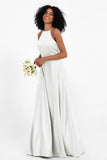 Simple Satin Halter Bridesmaid Dress Sleeveless Ruched Formal Evening Dresses Gowns
