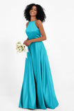 Simple Satin Halter Bridesmaid Dress Sleeveless Ruched Formal Evening Dresses Gowns