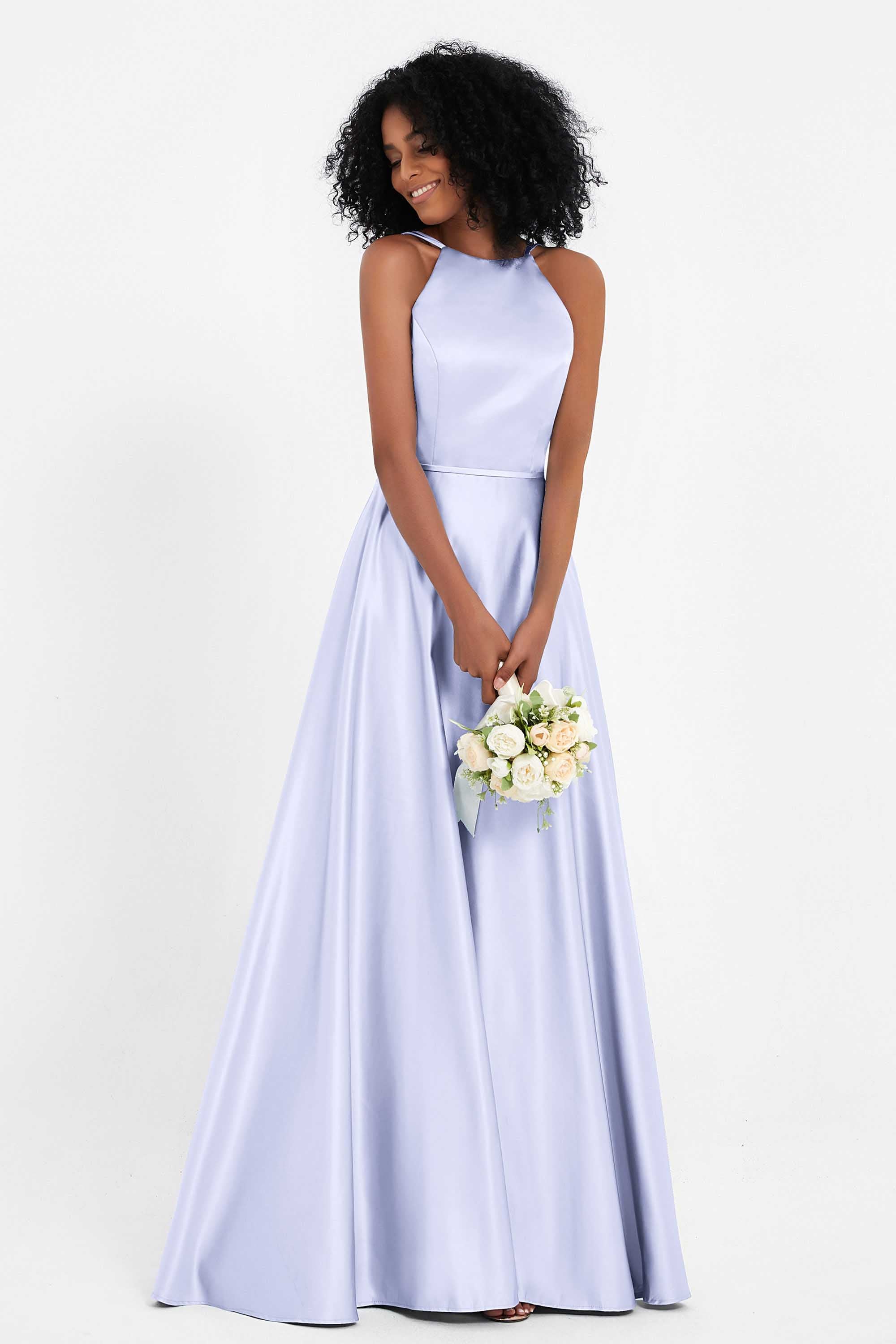 Simple Satin Halter Bridesmaid Dress Sleeveless Ruched Formal Evening Dresses Gowns