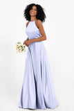 Simple Satin Halter Bridesmaid Dress Sleeveless Ruched Formal Evening Dresses Gowns