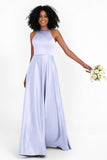 Simple Satin Halter Bridesmaid Dress Sleeveless Ruched Formal Evening Dresses Gowns