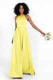Simple Satin Halter Bridesmaid Dress Sleeveless Ruched Formal Evening Dresses Gowns