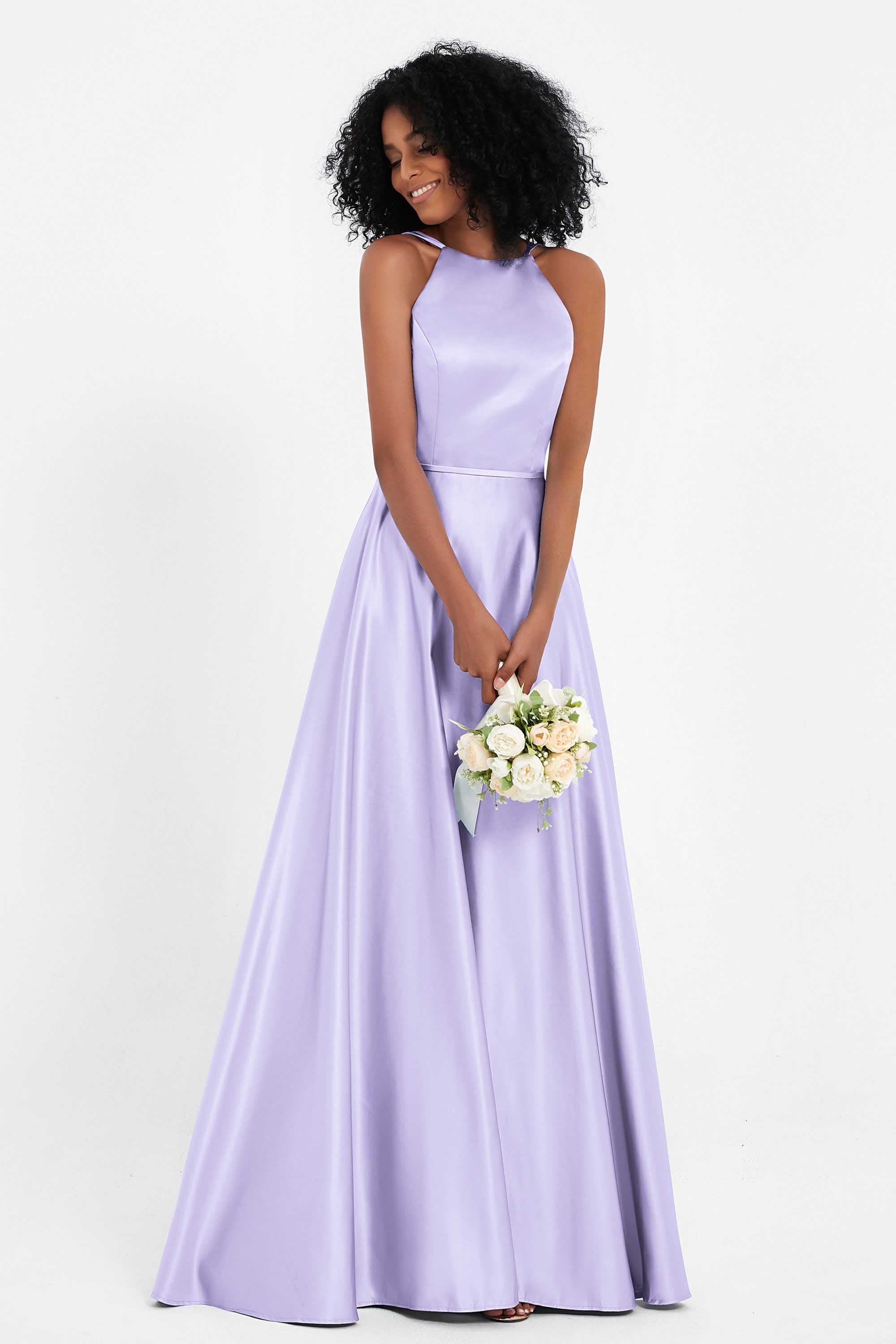 Simple Satin Halter Bridesmaid Dress Sleeveless Ruched Formal Evening Dresses Gowns