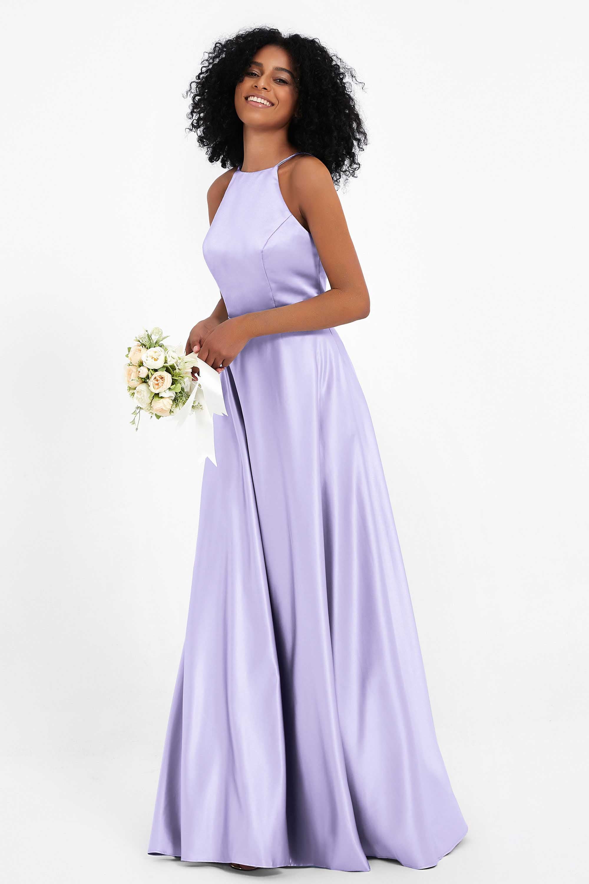 Simple Satin Halter Bridesmaid Dress Sleeveless Ruched Formal Evening Dresses Gowns