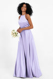 Simple Satin Halter Bridesmaid Dress Sleeveless Ruched Formal Evening Dresses Gowns