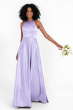 Simple Satin Halter Bridesmaid Dress Sleeveless Ruched Formal Evening Dresses Gowns