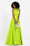 Simple Satin Halter Bridesmaid Dress Sleeveless Ruched Formal Evening Dresses Gowns