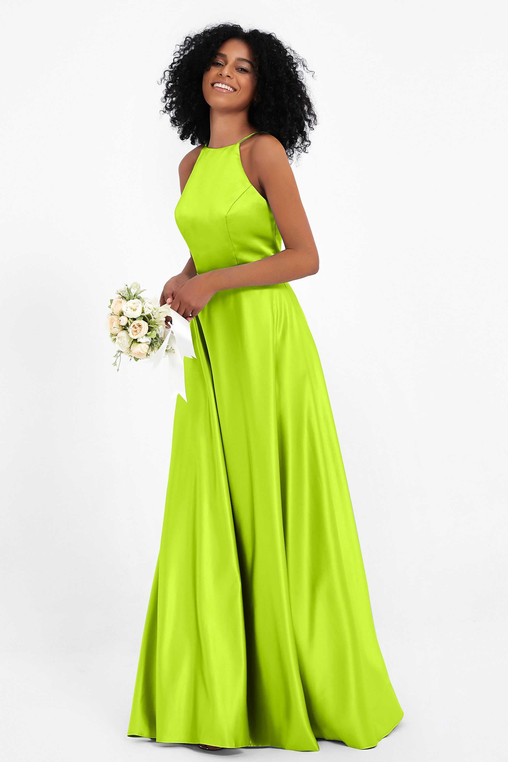 Simple Satin Halter Bridesmaid Dress Sleeveless Ruched Formal Evening Dresses Gowns