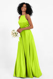 Simple Satin Halter Bridesmaid Dress Sleeveless Ruched Formal Evening Dresses Gowns