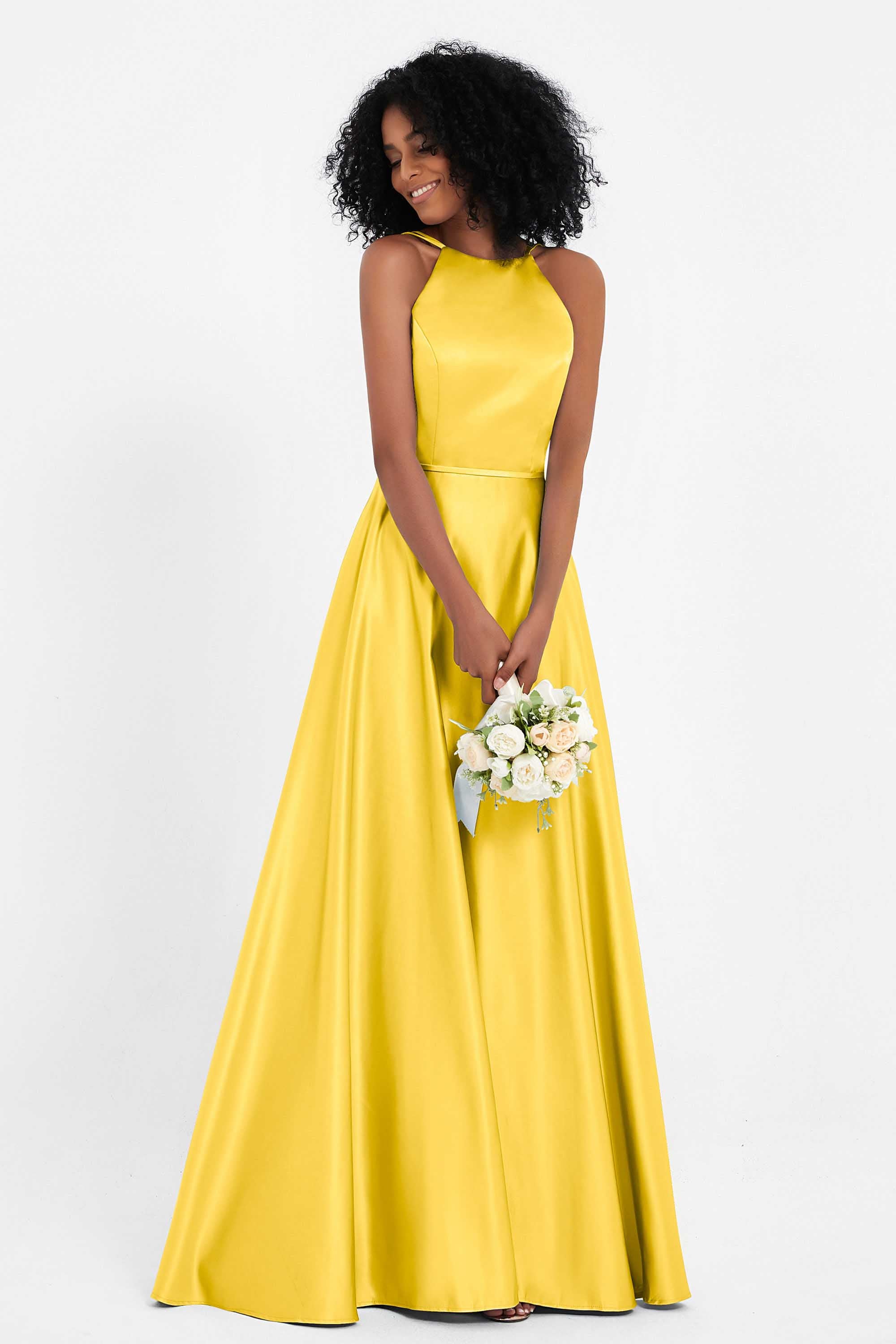Simple Satin Halter Bridesmaid Dress Sleeveless Ruched Formal Evening Dresses Gowns