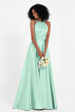 Simple Satin Halter Bridesmaid Dress Sleeveless Ruched Formal Evening Dresses Gowns